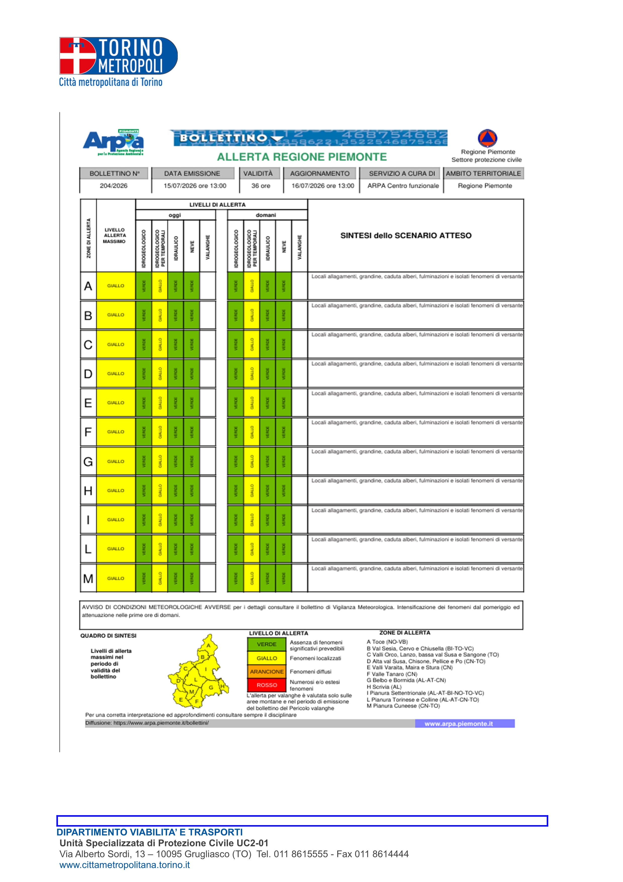 Bollettino ALLERTA METEO n. 204/26.