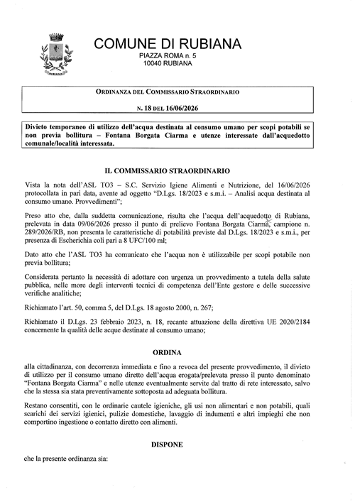 Ordinanza del Commissario straordinario n. 18 del 16/06/2026
